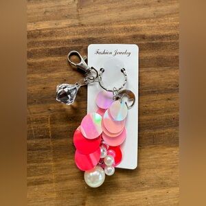 Pink Iridescent Keychain with Crystal and Angel Charms